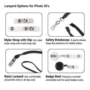 Lanyard Options for Photo ID’s” showing four ID badge attachments with photos and brief captions: mylar strap with metal snap clip, safety breakaway lanyard end with hook, basic black neck lanyard with clip, and retractable badge reel with clear strap.