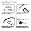 Lanyard Options for Photo ID’s” showing four ID badge attachments with photos and brief captions: mylar strap with metal snap clip, safety breakaway lanyard end with hook, basic black neck lanyard with clip, and retractable badge reel with clear strap.