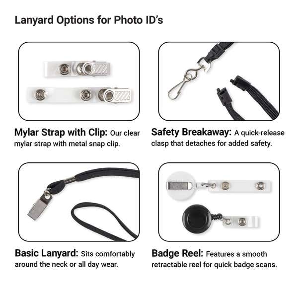 Lanyard Options for Photo ID’s” displaying four badge holders: clear mylar snap strap, breakaway lanyard end with hook, simple black neck lanyard, and round retractable badge reel with strap