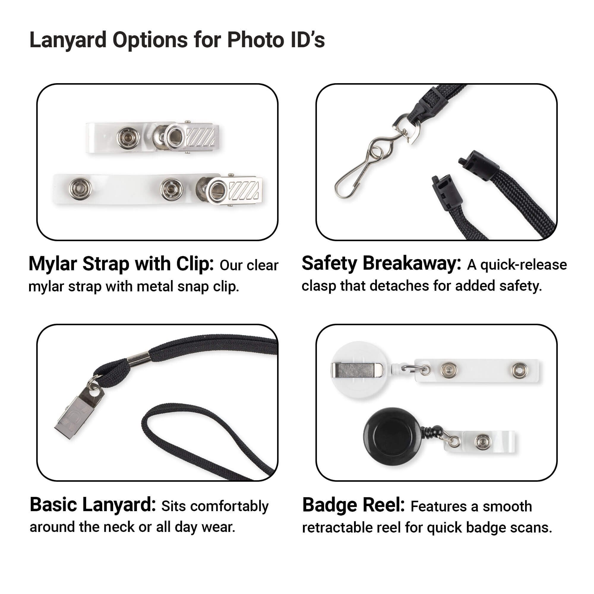 Lanyard Options for Photo ID’s” presenting four badge attachment choices: mylar strap with snap, safety breakaway hook lanyard, basic black lanyard, and retractable reel with attached clear strap.