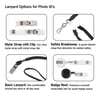 Options for Photo ID’s” showing four photo ID attachments: mylar strap with snap clip, safety breakaway lanyard with hook, basic black neck lanyard, and retractable badge reel with clear strap.