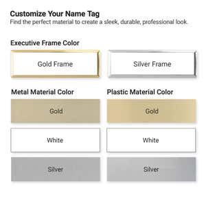Full color name tag frame and material options — gold and silver frames with metal and plastic color swatches
