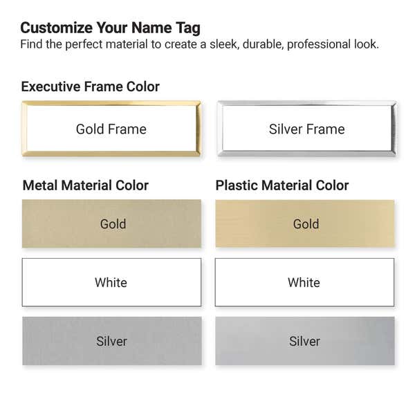 Full color name tag frame and material options — gold and silver frames with metal and plastic color swatches
