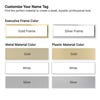Full color name tag frame and material options — gold and silver frames with metal and plastic color swatches