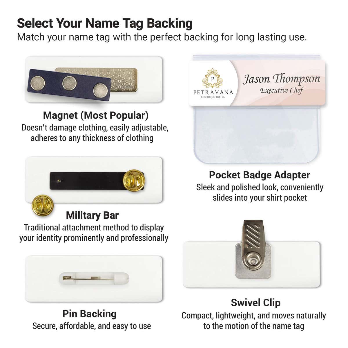 Name tag backing options guide showing magnet, military bar, pin, pocket badge adapter, and swivel clip attachments — custom name tag backings from NameTagWizard