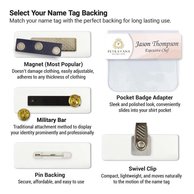 Name tag backing options guide showing magnet, military bar, pin, pocket badge adapter, and swivel clip attachments — custom name tag backings from NameTagWizard
