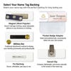 Name tag backing options — magnet, pin, military bar, swivel clip, and pocket adapter