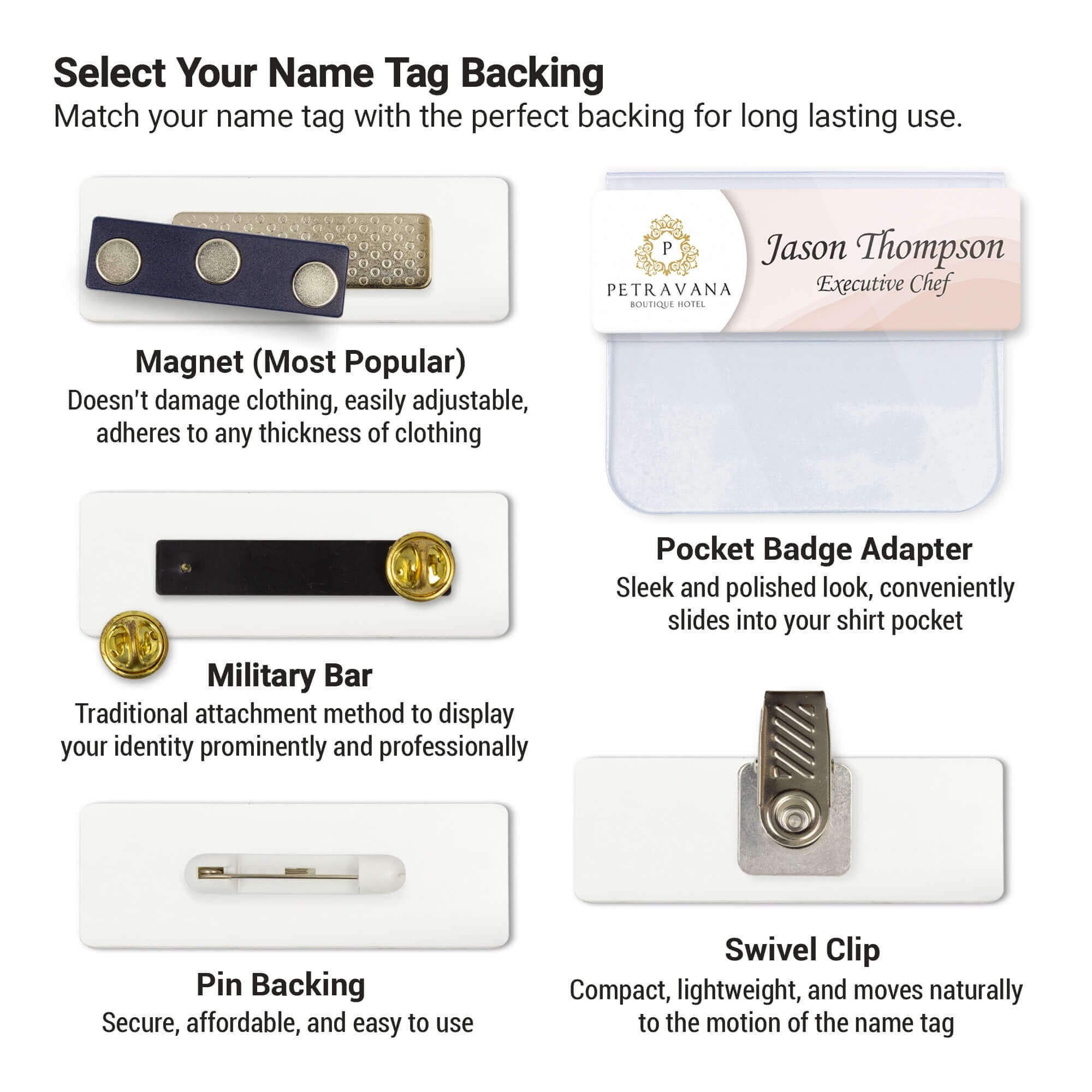 Name tag Backing options