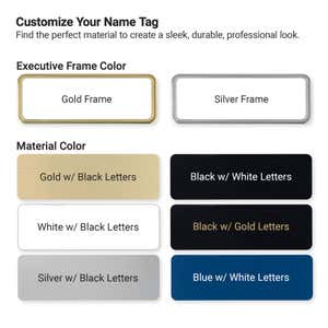 Custom name tag frame and material color options — gold and silver executive frames with six engraving color combinations from NameTagWizard