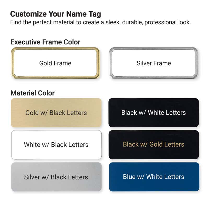 Custom name tag frame and material color options — gold and silver executive frames with six engraving color combinations from NameTagWizard
