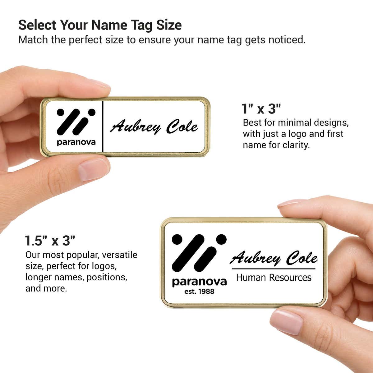 Name tag size guide comparing 1x3 and 1.5x3 inch executive framed badges held in hand — custom name tag sizing chart from NameTagWizard