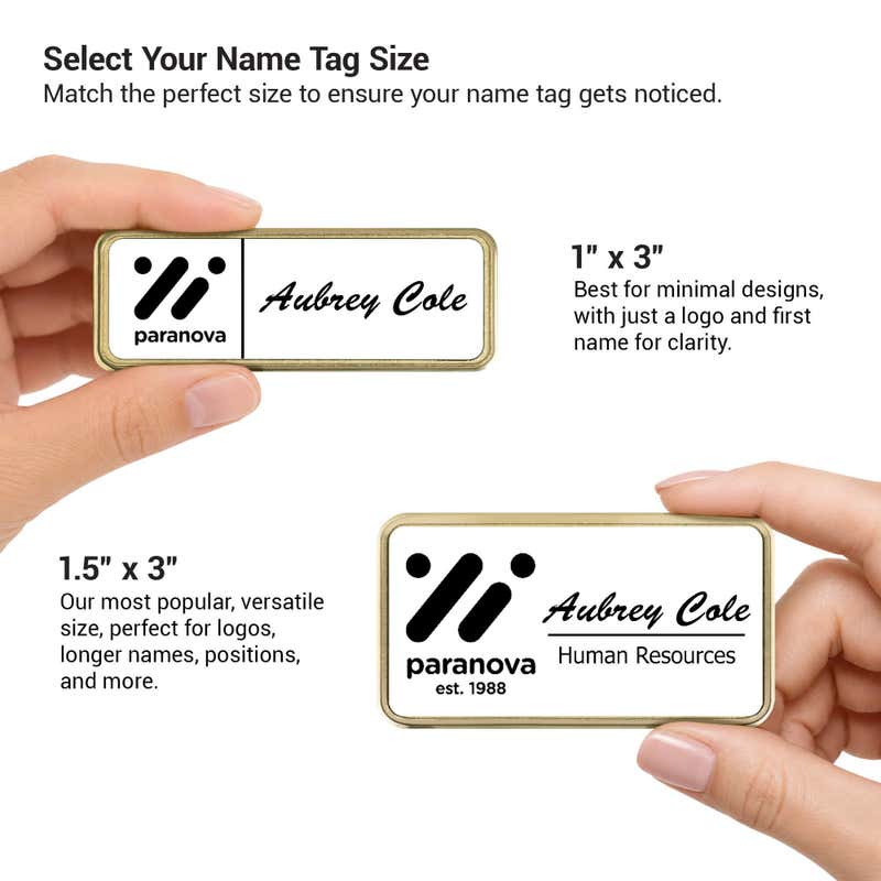 Name tag size guide comparing 1x3 and 1.5x3 inch executive framed badges held in hand — custom name tag sizing chart from NameTagWizard