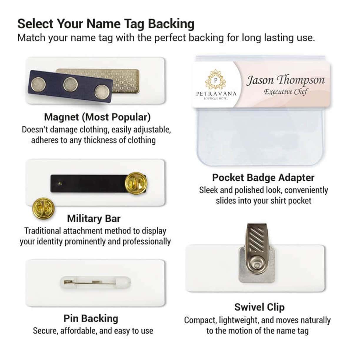 Backing options for custom name tags 