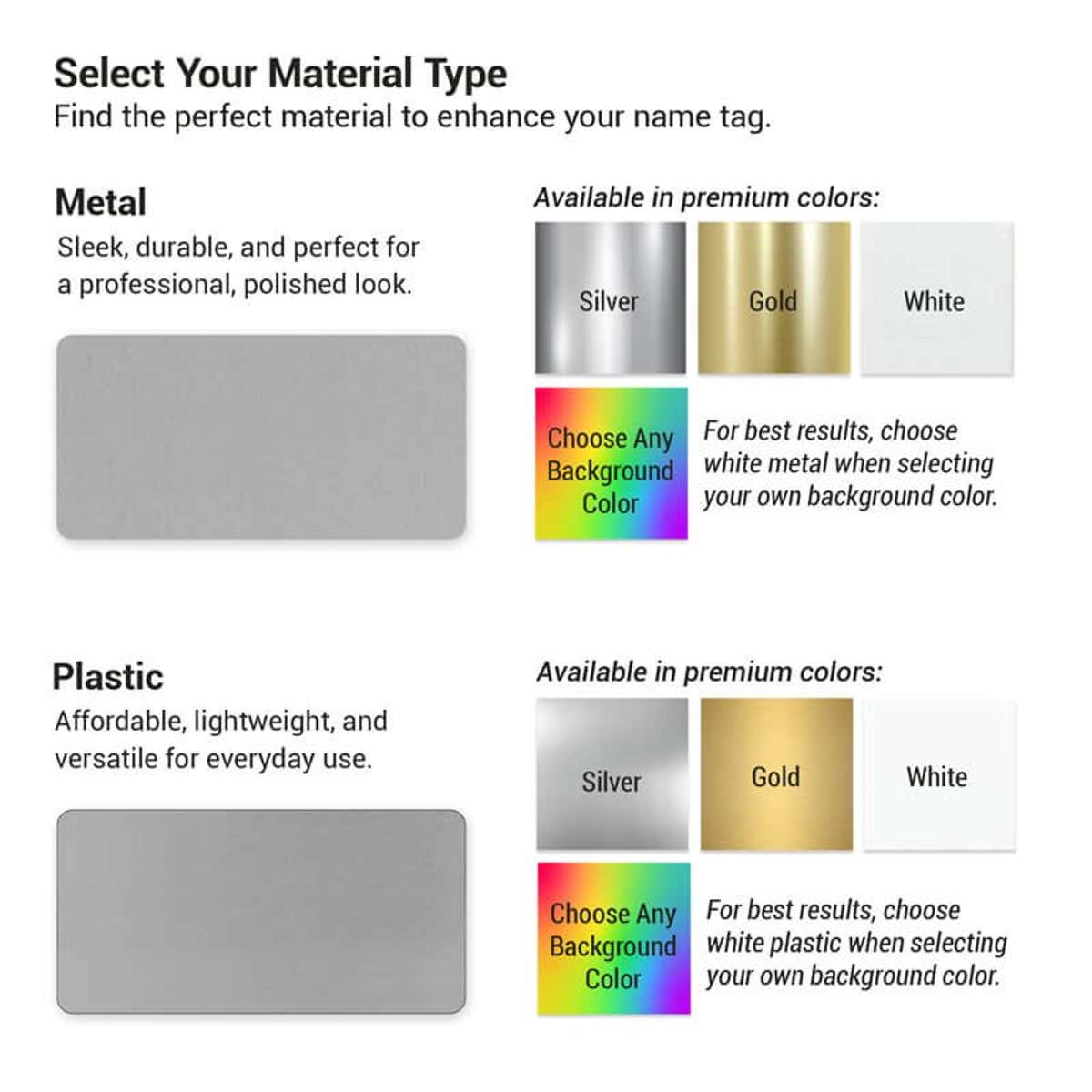 Is a metal or plastic name tag best for you? 