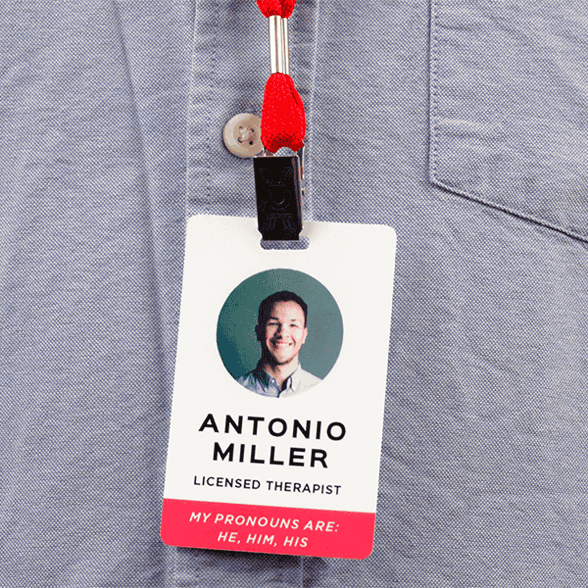 Custom Pronoun Photo ID Badge Script Font In Use