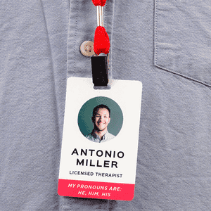 Custom Pronoun Photo ID Badge Script Font In Use
