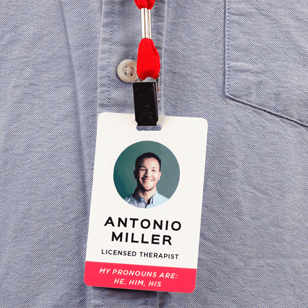 Custom Pronoun Photo ID Badge Script Font In Use