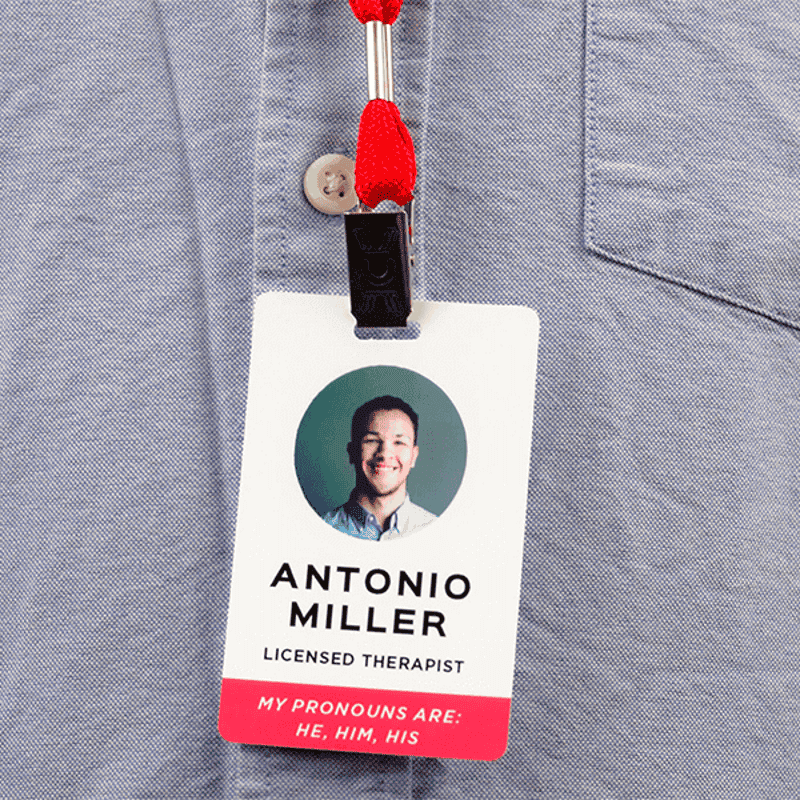 Custom Pronoun Photo ID Badge Script Font In Use