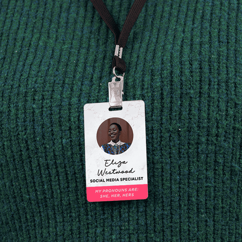 Custom Pronoun Photo ID Badge Bold Font in Use