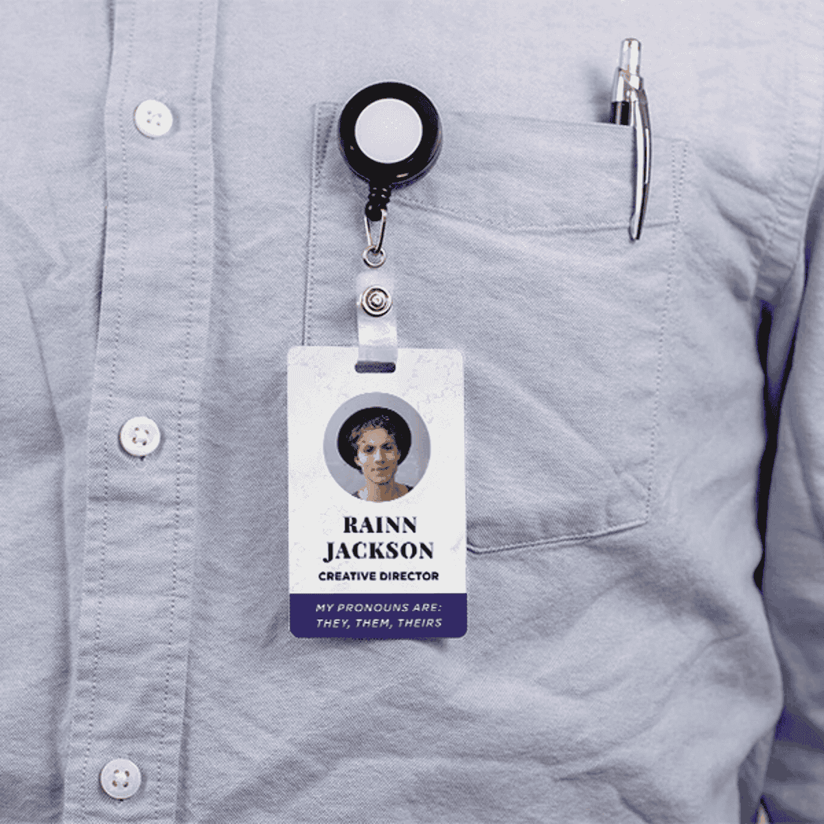 Custom Pronoun Photo ID Badge Serif Font In Use