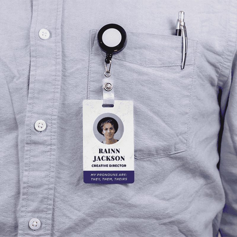 Custom Pronoun Photo ID Badge Serif Font In Use
