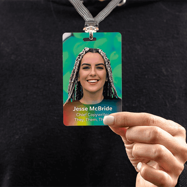 Custom Pronoun Color Photo ID Badge in Use