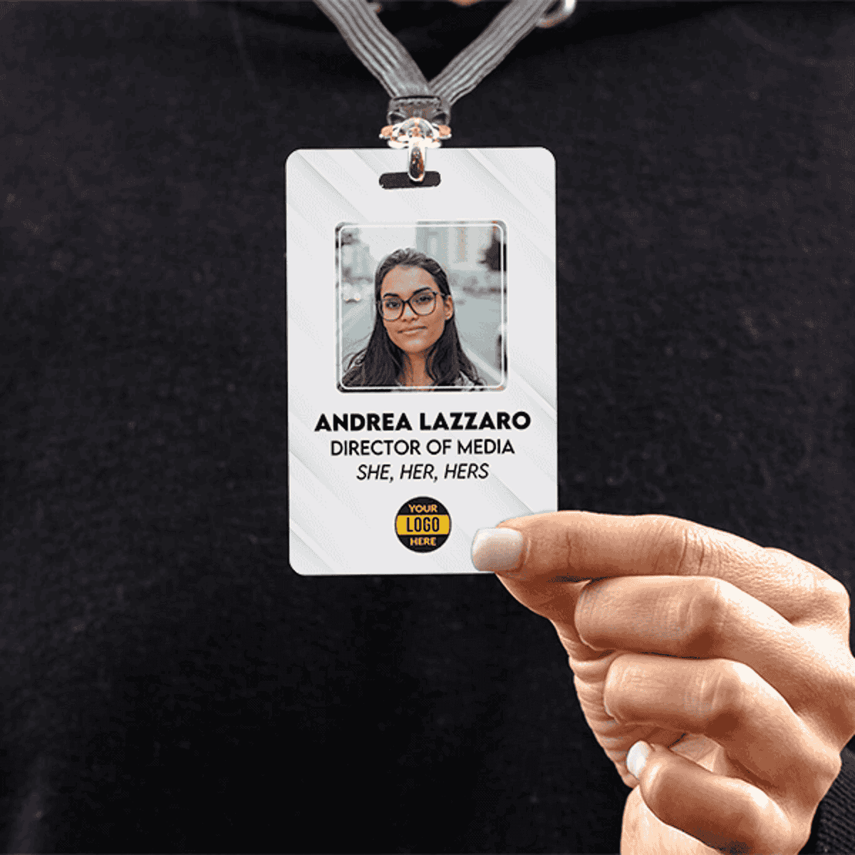Custom Pronoun Logo Photo ID Badge Script in Use