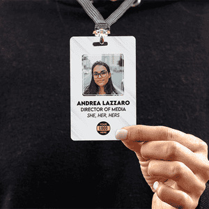 Custom Pronoun Logo Photo ID Badge Script in Use