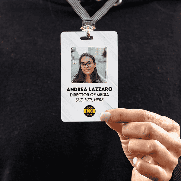 Custom Pronoun Logo Photo ID Badge Script in Use