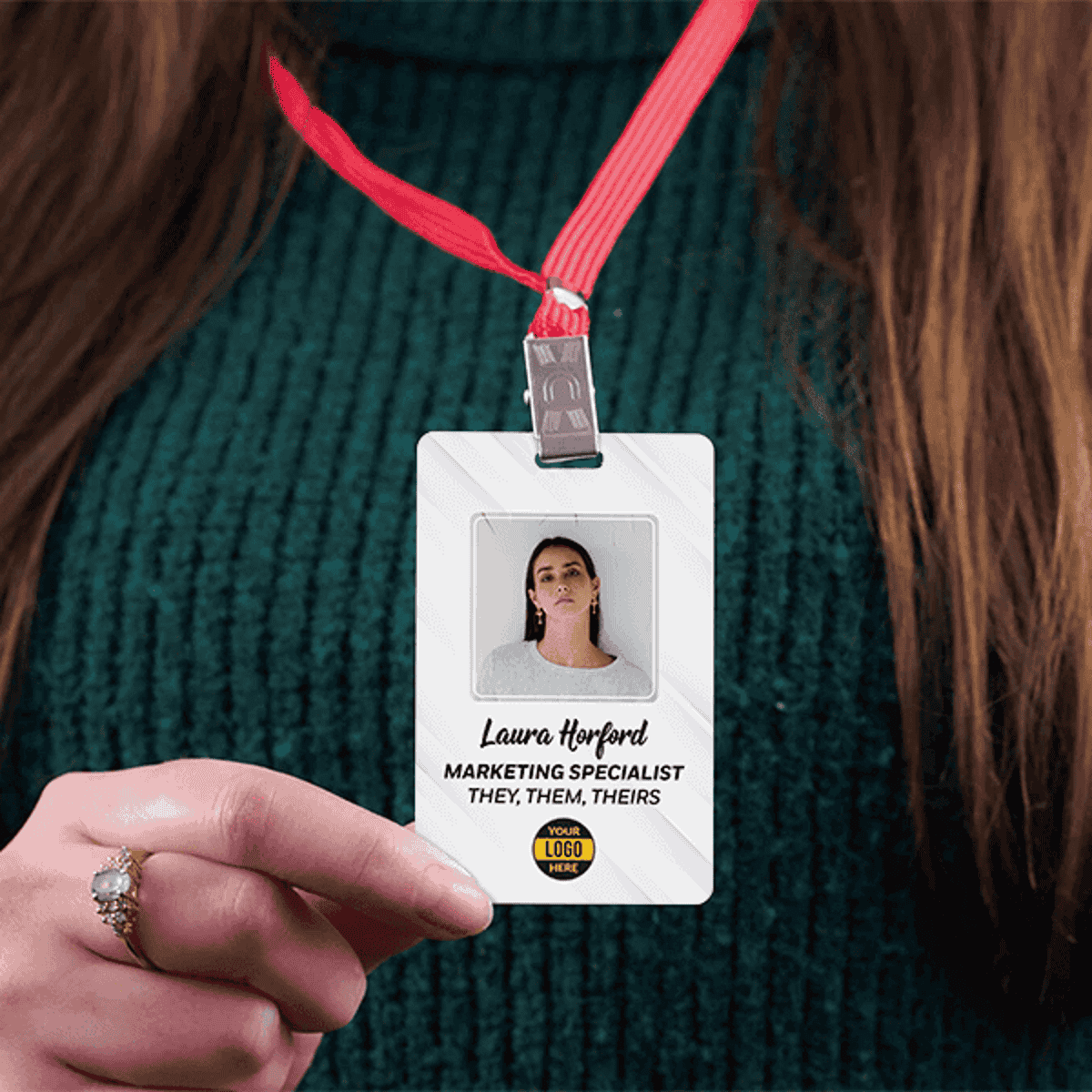 Custom Pronoun Logo Photo ID Badge Bold in Use