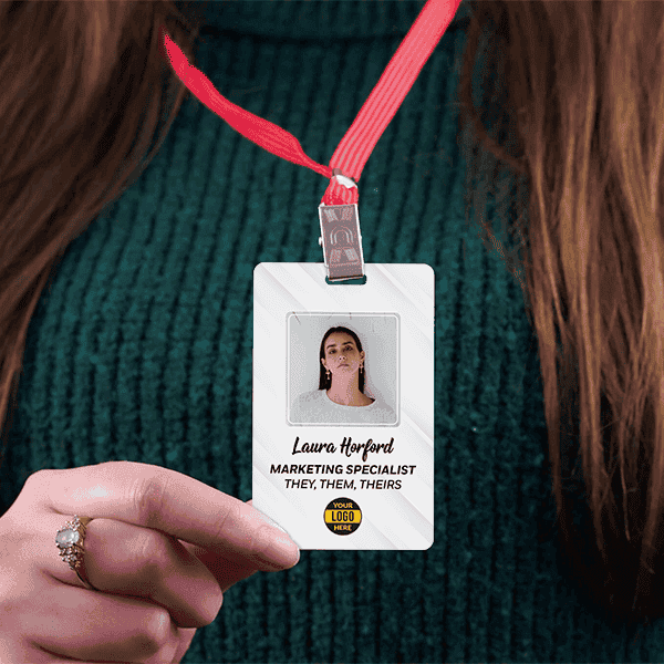 Custom Pronoun Logo Photo ID Badge Bold in Use
