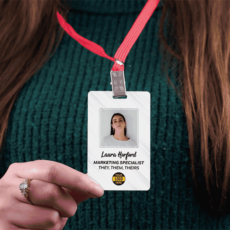 Custom Pronoun Logo Photo ID Badge Bold in Use