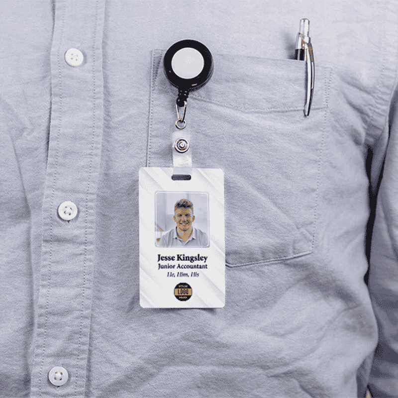 Custom Pronoun Logo Photo ID Badge Serif in Use