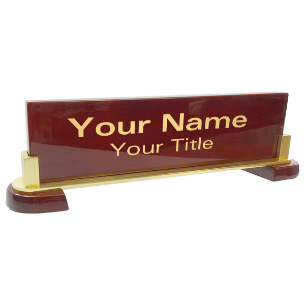 High-Gloss Rosewood Desk Plate with Wood Base and Gold Trim