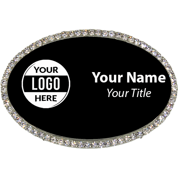 Silver and Black Oval Bling Name Tag