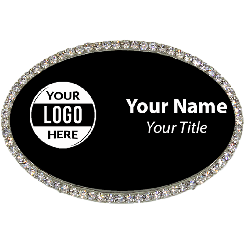 Silver and Black Oval Bling Name Tag