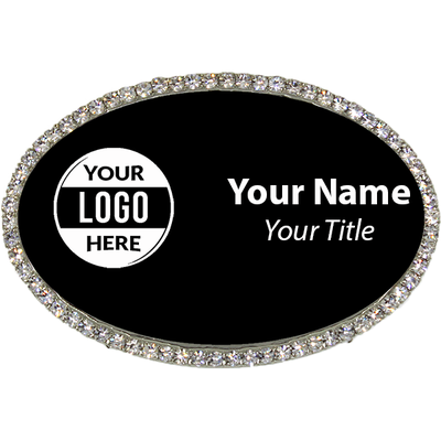 Silver and Black Oval Bling Name Tag