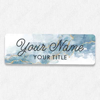 1" x 3" UV Printed Full Color Name Tag on Blue Marble Background with Script Custom Text - alternate view