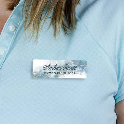 1" x 3" UV Printed Full Color Name Tag on Blue Marble Background with Script Custom Text - alternate view