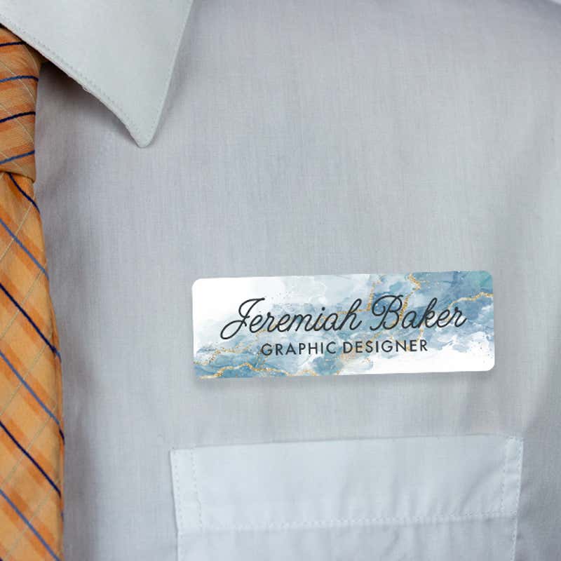 Blue Marble Name Tag On White Button Up