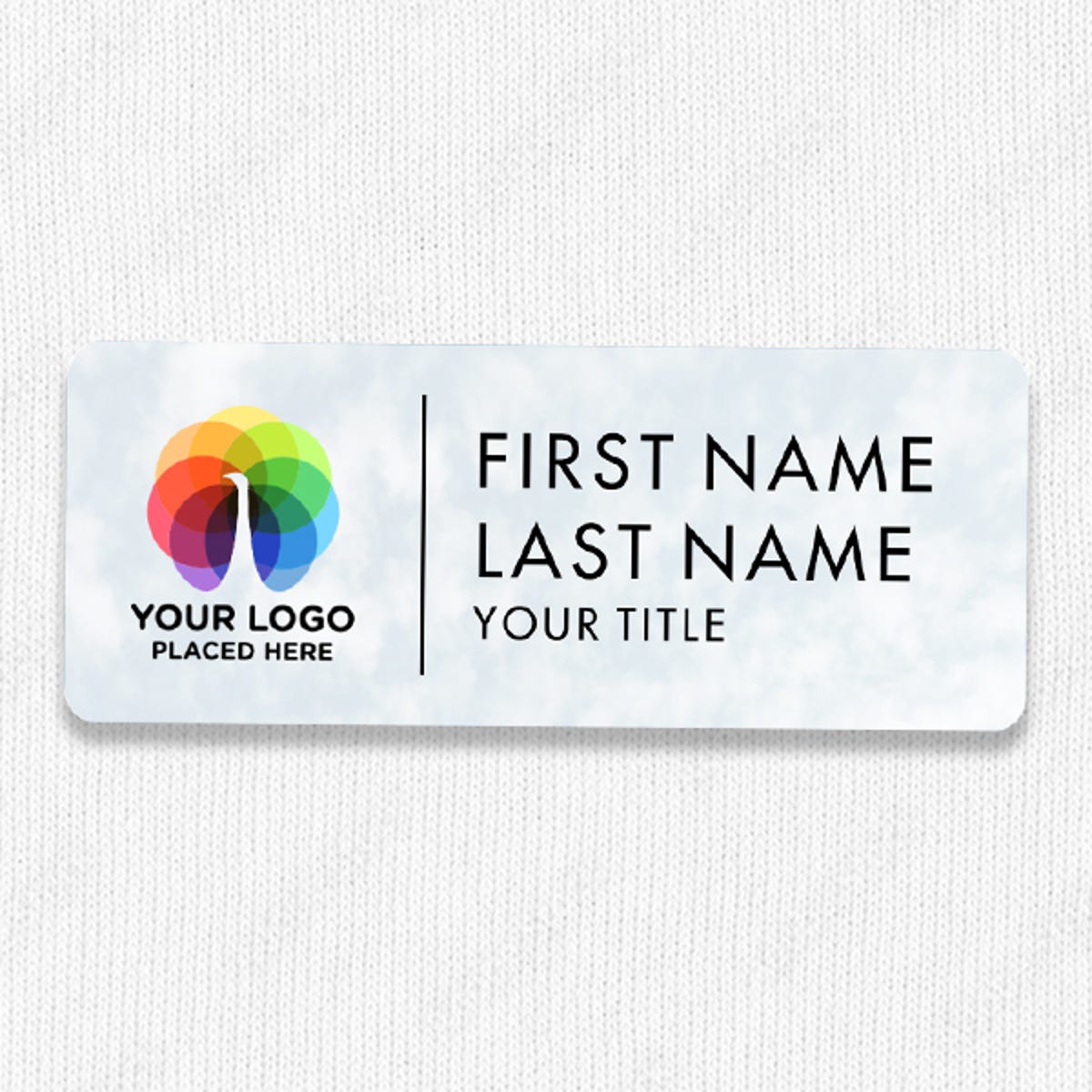 1.25" x 3" UV Printed Full Color Upload Your Logo Name Tag on Soft Cloud Background on White Shirt
