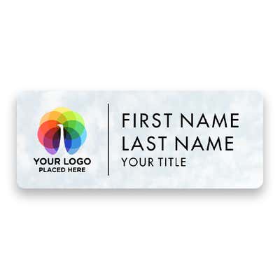 1.25" x 3" UV Printed Full Color Upload Your Logo Name Tag on Soft Cloud Background on White Background