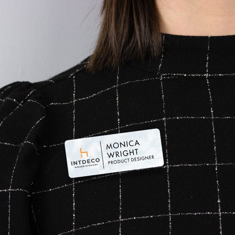 1.25" x 3" UV Printed Full Color Upload Your Logo Name Tag on Soft Cloud Background on Black Blouse