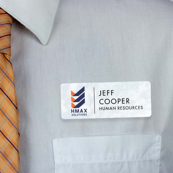 1.25" x 3" UV Printed Full Color Upload Your Logo Name Tag on Soft Cloud Background on White Shirt with Tie