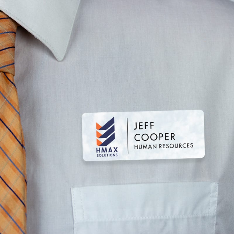 1.25" x 3" UV Printed Full Color Upload Your Logo Name Tag on Soft Cloud Background on White Shirt with Tie