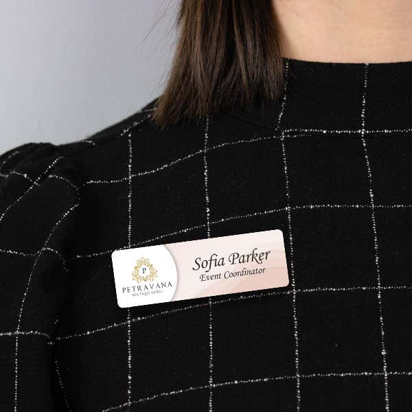 1" x 3" UV Printed Full Color Upload Your Logo Name Tag on Neutral Colored Pastel Wave Background on Black Blouse