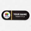 1" x 3" UV Printed Full Color Upload Your Logo Name Tag on Rounded Corner Black Gradient Background with Gold Stripe on White Shirt