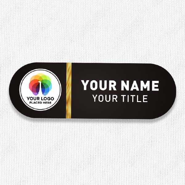 1" x 3" UV Printed Full Color Upload Your Logo Name Tag on Rounded Corner Black Gradient Background with Gold Stripe