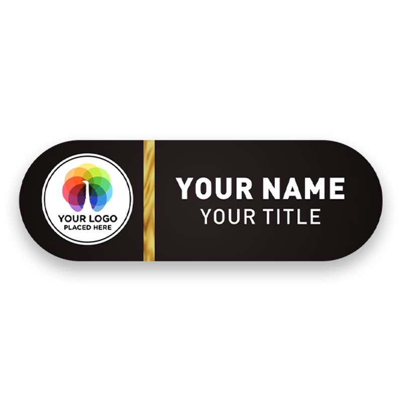 1" x 3" UV Printed Full Color Upload Your Logo Name Tag on Rounded Corner Black Gradient Background with Gold Stripe on White Background