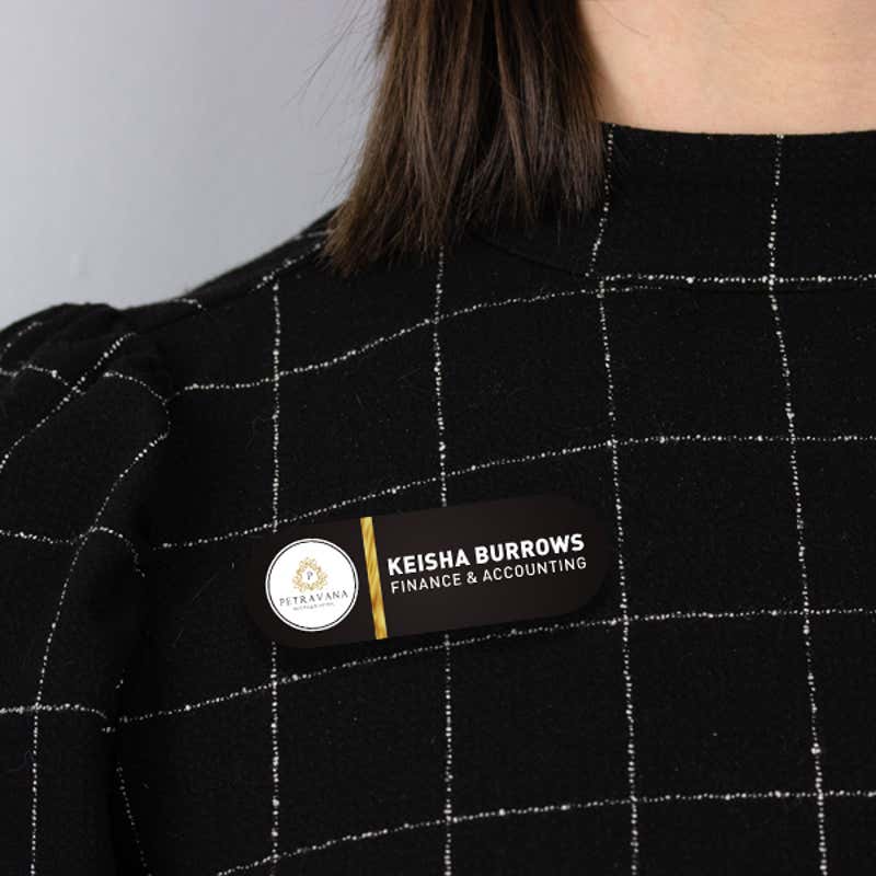 1" x 3" UV Printed Full Color Upload Your Logo Name Tag on Rounded Corner Black Gradient Background with Gold Stripe on Black Blouse